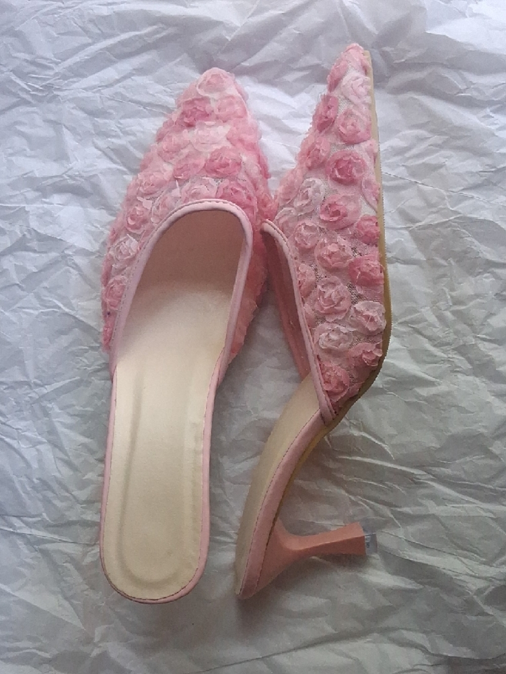 Pink Floral Mesh Pointed Toe Mules With Low Kitten Heel, NWB. - Picture 8 of 13